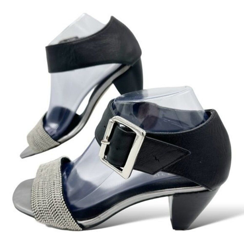 All Black Brand Women’s Black Leather Chunky Ankle Strap Sandal Slvr Micro Studs